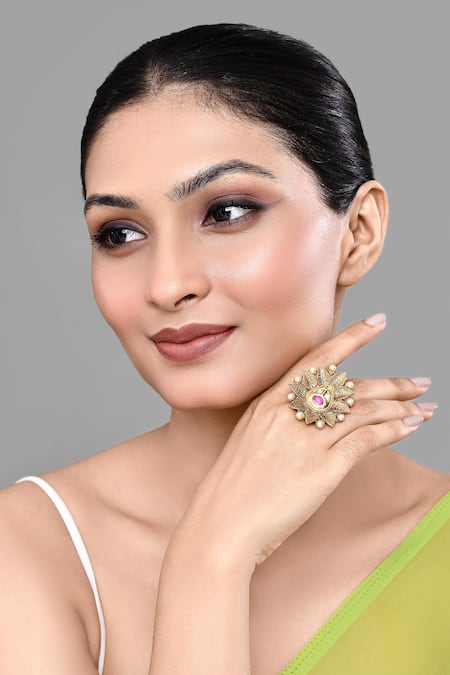 Nazaakat By Samara Singh_Gold Plated Beads, Diamonds Tear Drop Carved Ring _at_Aza_Fashions