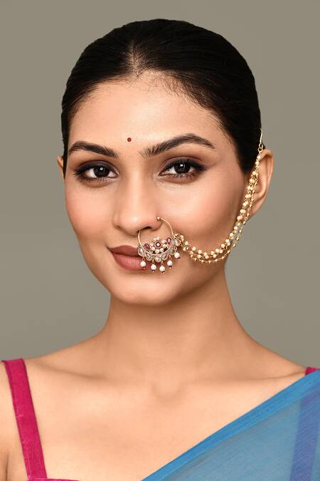 Buy_Nazaakat By Samara Singh_Gold Plated Pearls Floral Carved Nose Ring _Online_at_Aza_Fashions