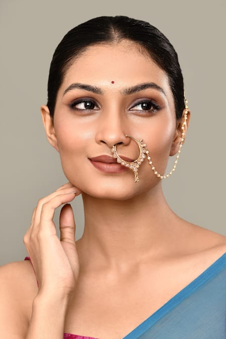 Buy_Nazaakat By Samara Singh_Gold Plated Pearls Tear Drop Carved Nose Ring _Online_at_Aza_Fashions