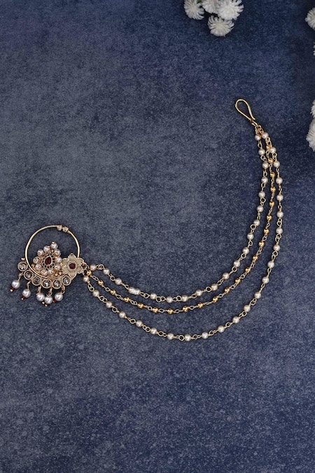 Shop_Nazaakat By Samara Singh_Gold Plated Pearls, Diamonds Floret Carved Nose Ring _at_Aza_Fashions