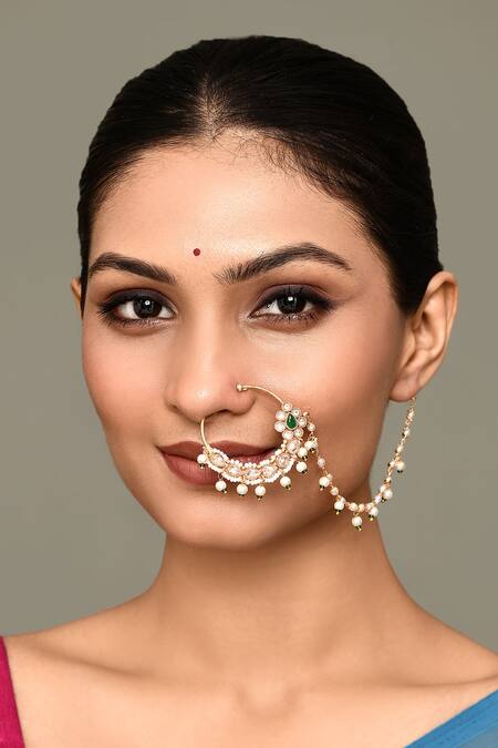 Buy_Nazaakat By Samara Singh_Gold Plated Piping, Stones Flower Carved Nose Ring_Online_at_Aza_Fashions