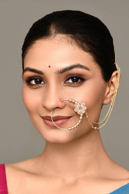 Buy_Nazaakat By Samara Singh_Gold Plated Rhinestones, Diamonds Floral Bloom Carved Nose Ring_Online_at_Aza_Fashions