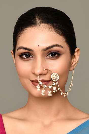 Buy_Nazaakat By Samara Singh_Gold Plated Piping, Diamonds Kundan Work Hexagon Carved Nose Ring _Online_at_Aza_Fashions