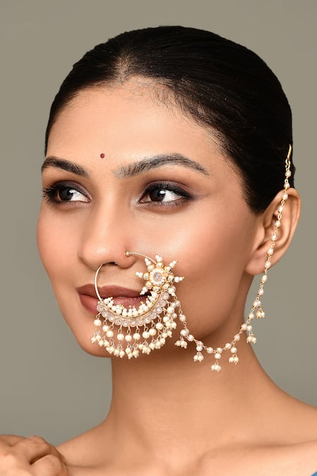 Samyukta Singhania Gold Plated Kundan Floral Spike Carved Nose Ring 