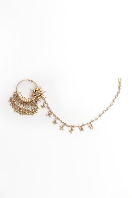 Nazaakat By Samara Singh_Gold Plated Pearls Floral Spike Carved Nose Ring _Online_at_Aza_Fashions