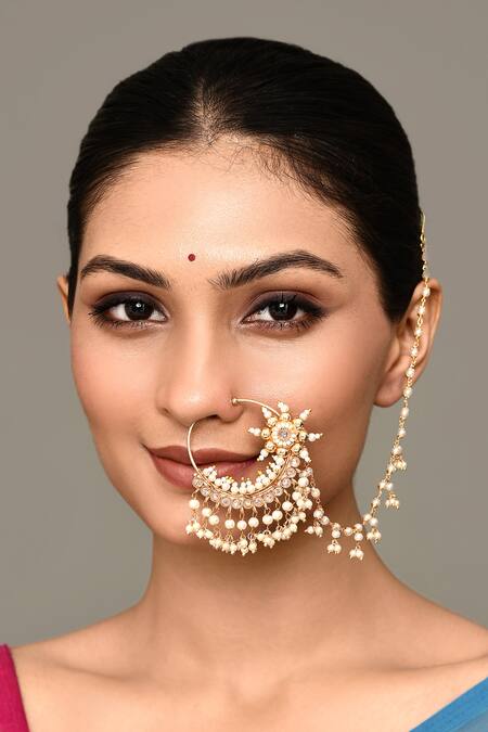 Buy_Nazaakat By Samara Singh_Gold Plated Pearls Floral Spike Carved Nose Ring _Online_at_Aza_Fashions