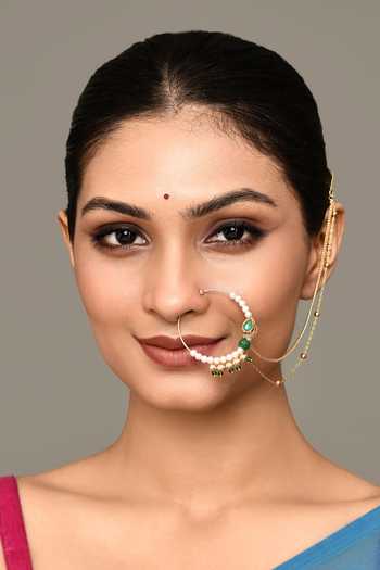Buy_Nazaakat By Samara Singh_Gold Plated Pearls, Pom-poms Polki Embellished Carved Nose Ring _Online_at_Aza_Fashions