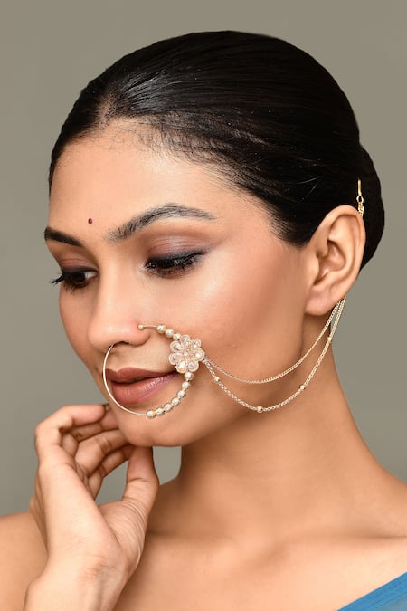 Samyukta Singhania Gold Plated Kundan Work Flower Carved Nose Ring 