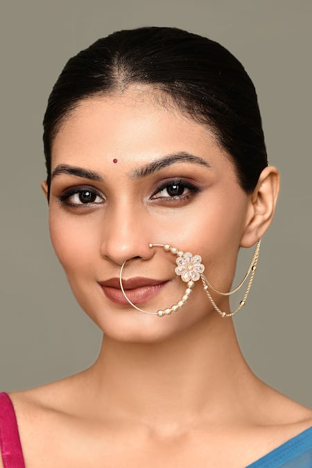 Buy_Nazaakat By Samara Singh_Gold Plated Gota Patti Kundan Work Flower Carved Nose Ring _Online_at_Aza_Fashions