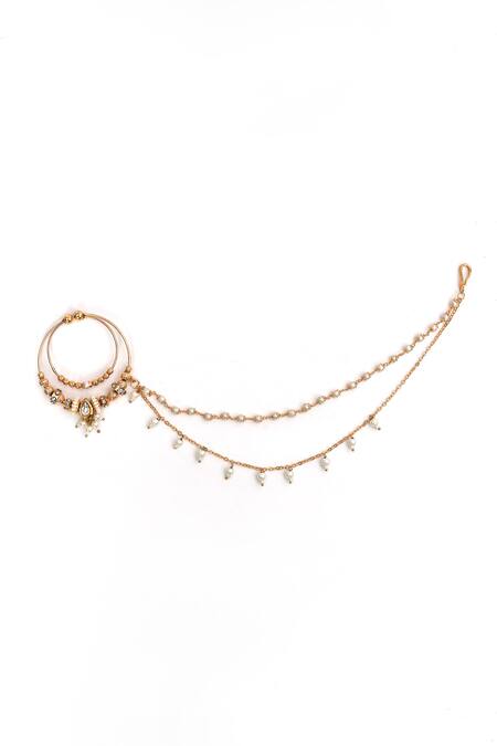 Nazaakat By Samara Singh_Gold Plated Diamonds, Pearls Polki Carved Nose Ring _Online_at_Aza_Fashions