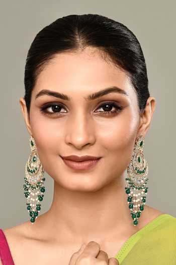 Shop_Nazaakat By Samara Singh_Gold Plated Beads, Diamonds Crescent Moon Carved Chaandbali Earrings _Online_at_Aza_Fashions