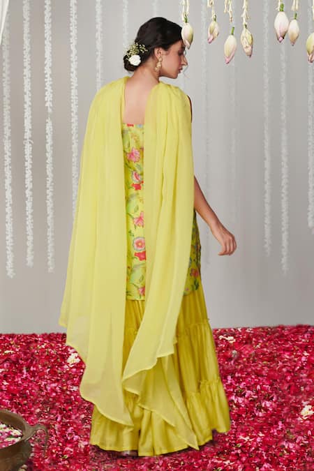 Shop Blooming Threads Green Cotton, Silk, Organza Embroidery, Bagicha Floral Print Kurta Sharara Set at Aza Fashions Shop_Blooming Threads_Green Cotton, Silk, Organza Embroidery, Bagicha Floral Print Kurta Sharara Set _at_Aza_Fashions