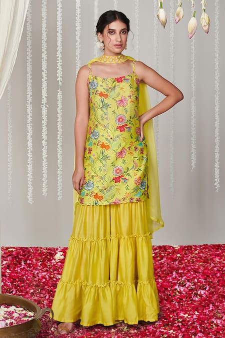 Blooming Threads Green Cotton, Silk, Organza Embroidery, Bagicha Floral Print Kurta Sharara Set Online at Aza Fashions Blooming Threads_Green Cotton, Silk, Organza Embroidery, Bagicha Floral Print Kurta Sharara Set _Online_at_Aza_Fashions