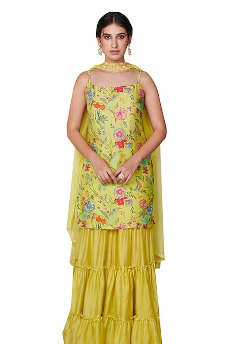 Shop Blooming Threads Green Cotton, Silk, Organza Embroidery, Bagicha Floral Print Kurta Sharara Set Online at Aza Fashions Shop_Blooming Threads_Green Cotton, Silk, Organza Embroidery, Bagicha Floral Print Kurta Sharara Set _Online_at_Aza_Fashions
