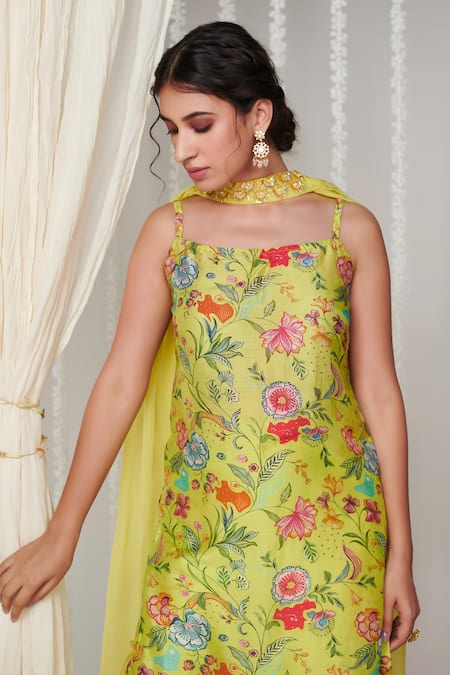 Buy Blooming Threads Green Cotton, Silk, Organza Embroidery, Bagicha Floral Print Kurta Sharara Set Buy_Blooming Threads_Green Cotton, Silk, Organza Embroidery, Bagicha Floral Print Kurta Sharara Set