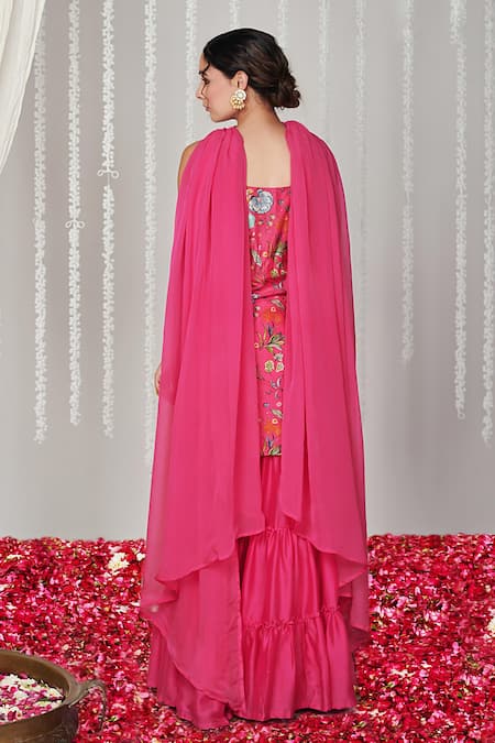 Shop Blooming Threads Pink Cotton, Silk, Organza Bagicha Floral Print Kurta Tiered Sharara Set at Aza Fashions Shop_Blooming Threads_Pink Cotton, Silk, Organza Bagicha Floral Print Kurta Tiered Sharara Set _at_Aza_Fashions