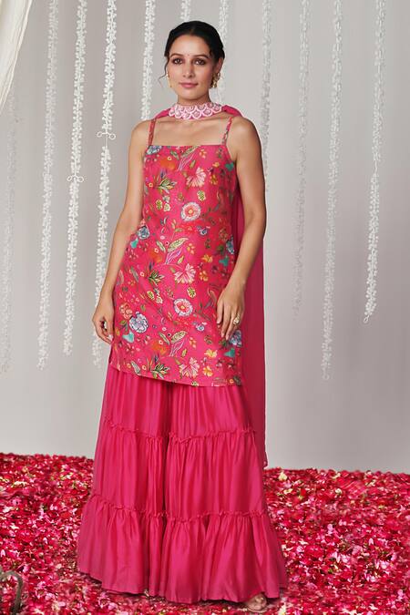 Blooming Threads Pink Cotton, Silk, Organza Bagicha Floral Print Kurta Tiered Sharara Set Online at Aza Fashions Blooming Threads_Pink Cotton, Silk, Organza Bagicha Floral Print Kurta Tiered Sharara Set _Online_at_Aza_Fashions