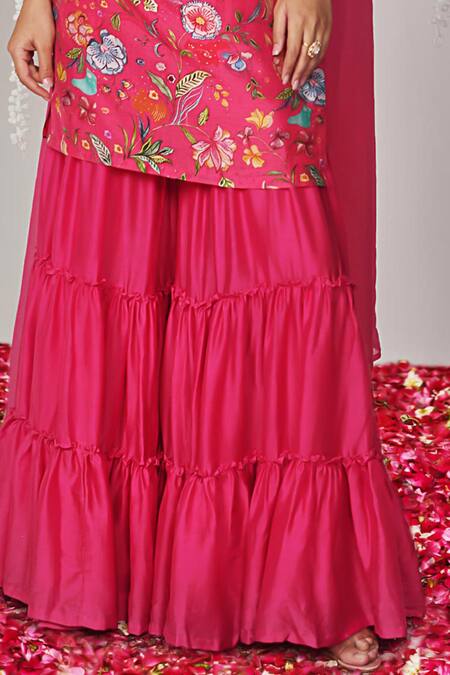 Buy Blooming Threads Pink Cotton, Silk, Organza Bagicha Floral Print Kurta Tiered Sharara Set Online at Aza Fashions Buy_Blooming Threads_Pink Cotton, Silk, Organza Bagicha Floral Print Kurta Tiered Sharara Set _Online_at_Aza_Fashions