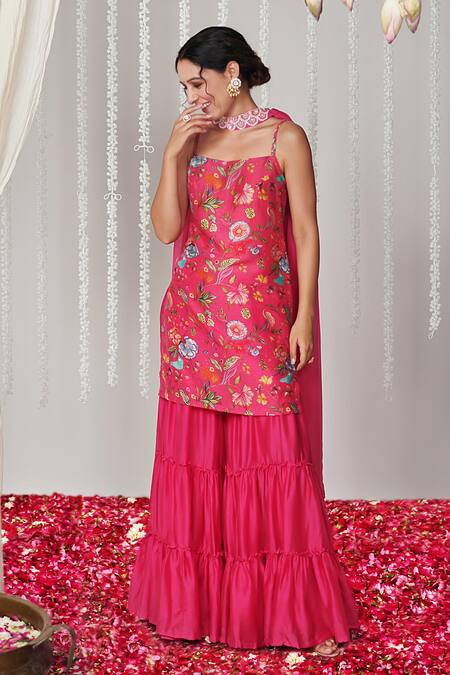 Blooming Threads Pink Cotton, Silk, Organza Bagicha Floral Print Kurta Tiered Sharara Set at Aza Fashions Blooming Threads_Pink Cotton, Silk, Organza Bagicha Floral Print Kurta Tiered Sharara Set _at_Aza_Fashions