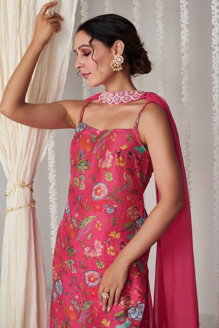 Buy Blooming Threads Pink Cotton, Silk, Organza Bagicha Floral Print Kurta Tiered Sharara Set Buy_Blooming Threads_Pink Cotton, Silk, Organza Bagicha Floral Print Kurta Tiered Sharara Set