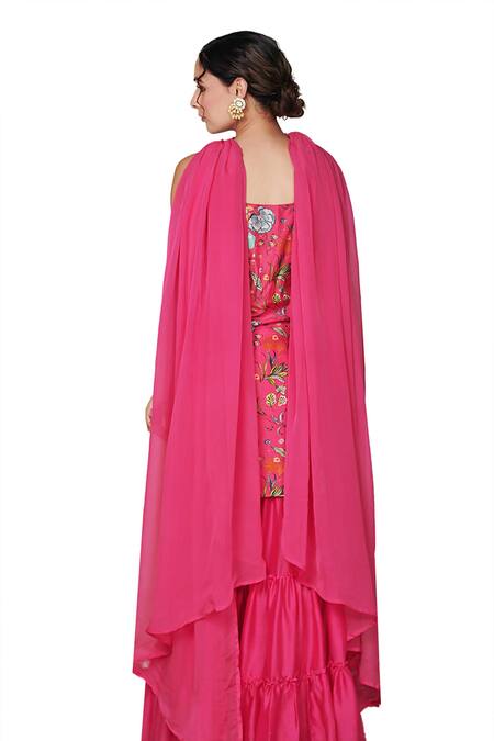 Shop Blooming Threads Pink Cotton, Silk, Organza Bagicha Floral Print Kurta Tiered Sharara Set Shop_Blooming Threads_Pink Cotton, Silk, Organza Bagicha Floral Print Kurta Tiered Sharara Set