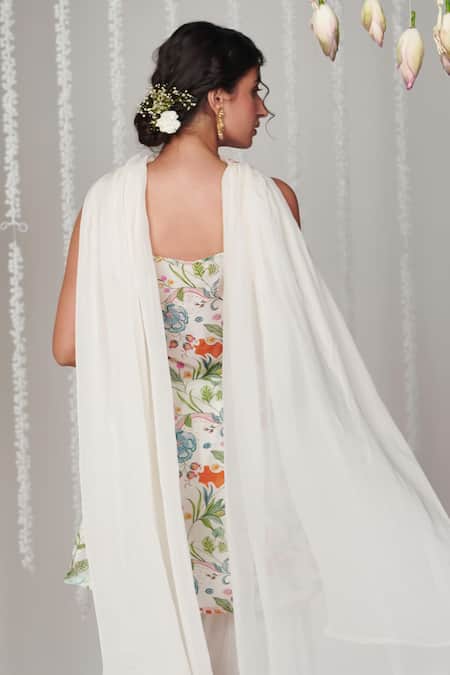 Shop Blooming Threads White Cotton, Silk, Organza Bagicha Floral Print Straight Kurta Sharara Set at Aza Fashions Shop_Blooming Threads_White Cotton, Silk, Organza Bagicha Floral Print Straight Kurta Sharara Set _at_Aza_Fashions