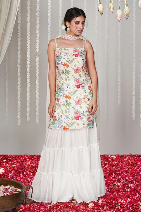 Blooming Threads White Cotton, Silk, Organza Bagicha Floral Print Straight Kurta Sharara Set Online at Aza Fashions Blooming Threads_White Cotton, Silk, Organza Bagicha Floral Print Straight Kurta Sharara Set _Online_at_Aza_Fashions
