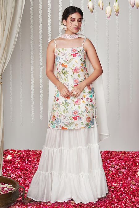 Buy Blooming Threads White Cotton, Silk, Organza Bagicha Floral Print Straight Kurta Sharara Set Online at Aza Fashions Buy_Blooming Threads_White Cotton, Silk, Organza Bagicha Floral Print Straight Kurta Sharara Set _Online_at_Aza_Fashions