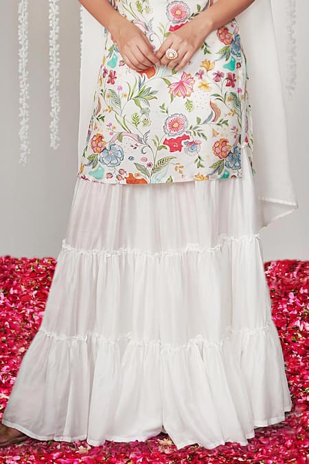 Shop Blooming Threads White Cotton, Silk, Organza Bagicha Floral Print Straight Kurta Sharara Set Online at Aza Fashions Shop_Blooming Threads_White Cotton, Silk, Organza Bagicha Floral Print Straight Kurta Sharara Set _Online_at_Aza_Fashions