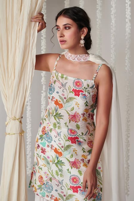 Blooming Threads White Cotton, Silk, Organza Bagicha Floral Print Straight Kurta Sharara Set at Aza Fashions Blooming Threads_White Cotton, Silk, Organza Bagicha Floral Print Straight Kurta Sharara Set _at_Aza_Fashions
