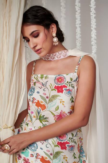 Buy Blooming Threads White Cotton, Silk, Organza Bagicha Floral Print Straight Kurta Sharara Set Buy_Blooming Threads_White Cotton, Silk, Organza Bagicha Floral Print Straight Kurta Sharara Set