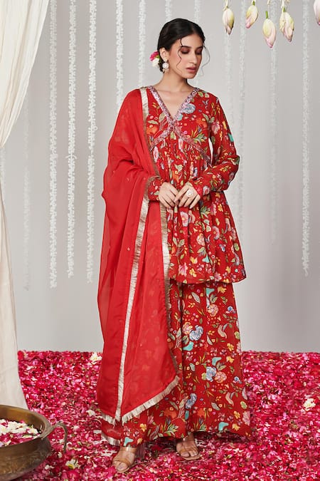 Blooming Threads_Red Georgette, Organza Embroidery, Bagicha Floral Print Kurta Sharara Set _Online_at_Aza_Fashions