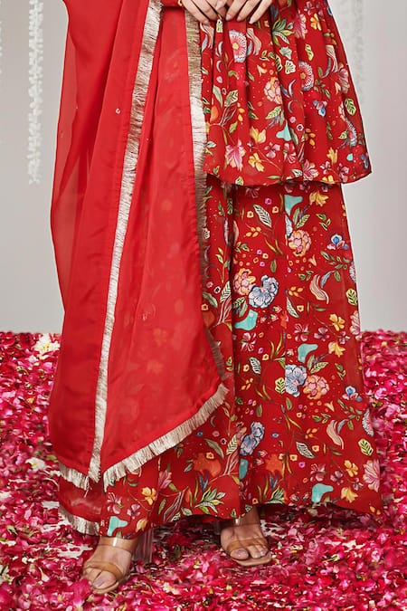 Buy_Blooming Threads_Red Georgette, Organza Embroidery, Bagicha Floral Print Kurta Sharara Set _Online_at_Aza_Fashions