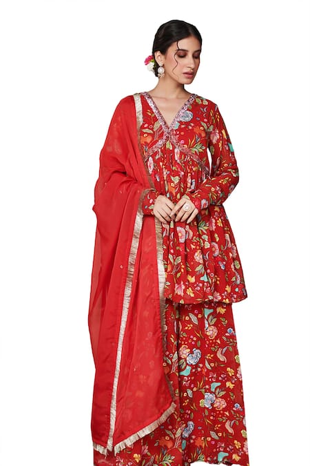 Shop_Blooming Threads_Red Georgette, Organza Embroidery, Bagicha Floral Print Kurta Sharara Set _Online_at_Aza_Fashions