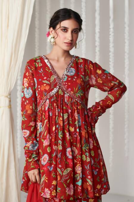 Blooming Threads_Red Georgette, Organza Embroidery, Bagicha Floral Print Kurta Sharara Set _at_Aza_Fashions
