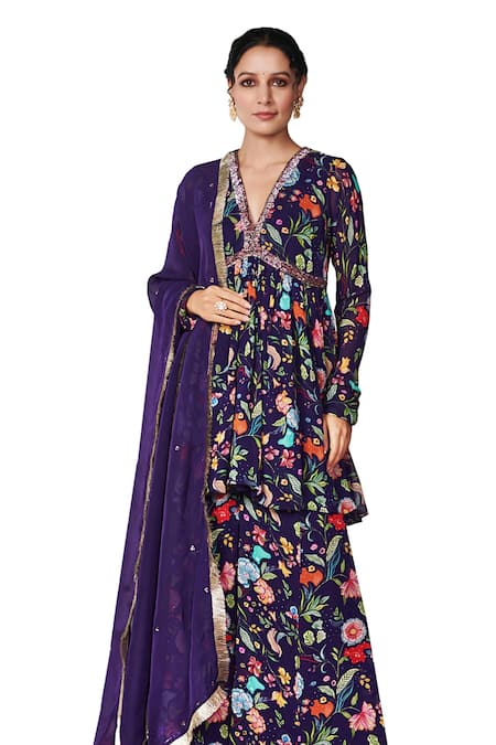 Blooming Threads_Purple Georgette, Organza Embroidery, Sequins Bagicha Printed Kurta Sharara Set _Online_at_Aza_Fashions