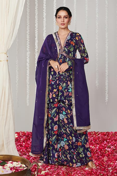Buy_Blooming Threads_Purple Georgette, Organza Embroidery, Sequins Bagicha Printed Kurta Sharara Set _Online_at_Aza_Fashions
