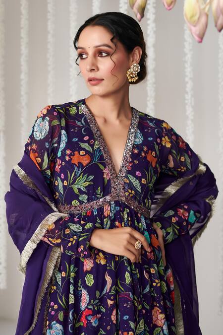 Shop_Blooming Threads_Purple Georgette, Organza Embroidery, Sequins Bagicha Printed Kurta Sharara Set _Online_at_Aza_Fashions