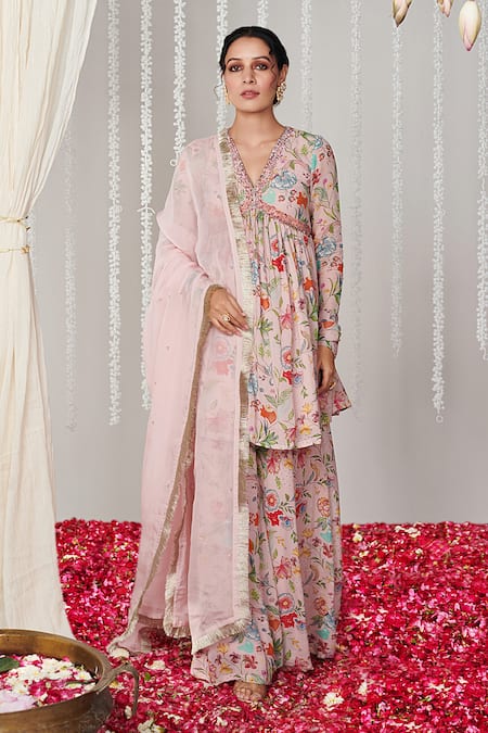 Blooming Threads Pink Kurta And Sharara Georgette Printed Bagicha Sequin Embroidered Set 