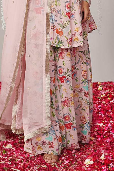 Blooming Threads_Pink Georgette, Organza Embroidery, Bagicha Floral Print Kurta Sharara Set _Online_at_Aza_Fashions