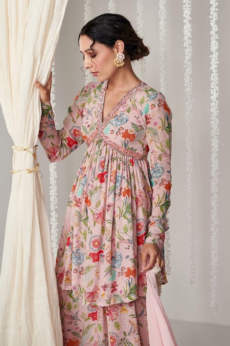 Buy_Blooming Threads_Pink Georgette, Organza Embroidery, Bagicha Floral Print Kurta Sharara Set _Online_at_Aza_Fashions