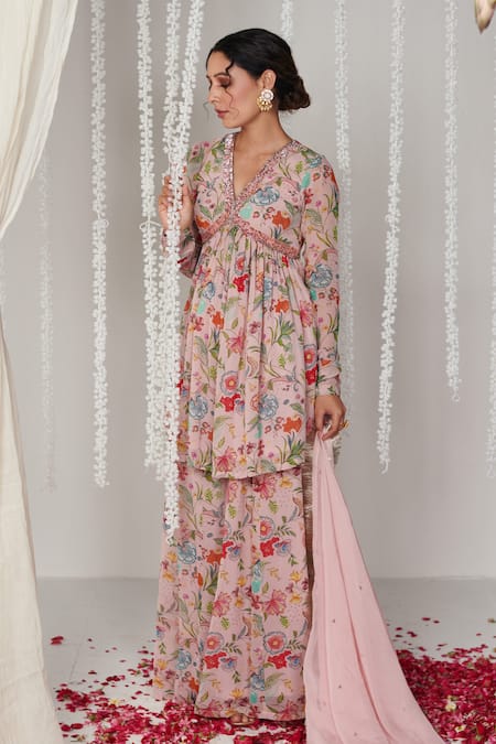 Shop_Blooming Threads_Pink Georgette, Organza Embroidery, Bagicha Floral Print Kurta Sharara Set _Online_at_Aza_Fashions