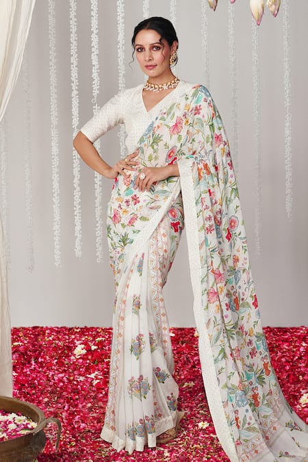 Blooming Threads_White Georgette, Cotton, Silk Embroidery Bagicha Floral Print Saree With Blouse _Online_at_Aza_Fashions
