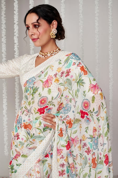 Buy_Blooming Threads_White Georgette, Cotton, Silk Embroidery Bagicha Floral Print Saree With Blouse _Online_at_Aza_Fashions