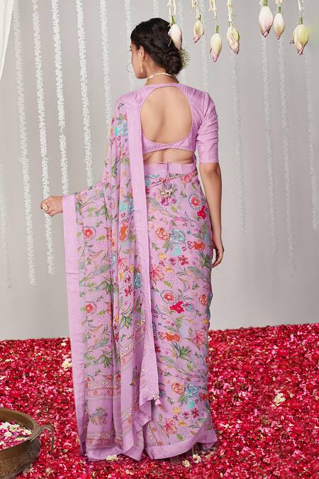 Blooming Threads Purple Saree Georgette Printed Floral V Neck Bagicha With Blouse  2