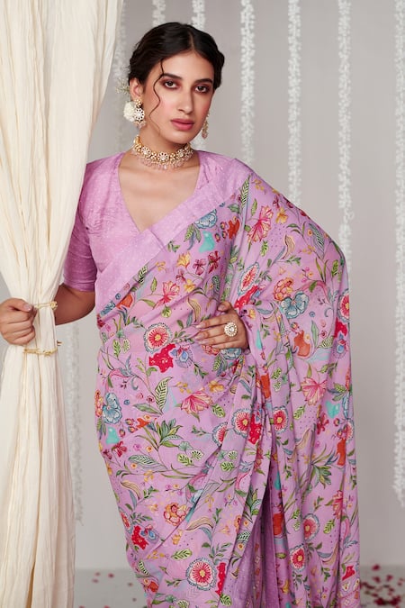 Blooming Threads Purple Saree Georgette Printed Floral V Neck Bagicha With Blouse  4