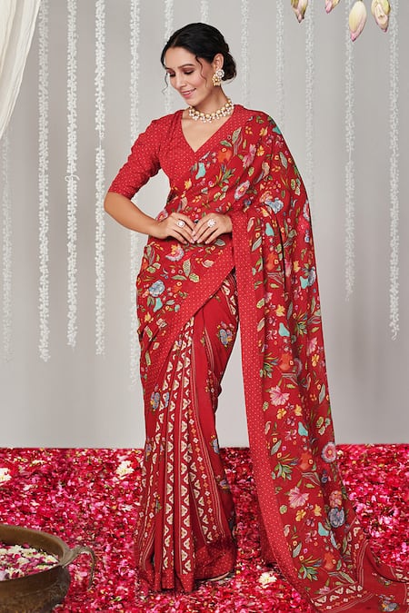 Blooming Threads Bagicha Floral Print Polka Dot Border Saree With Blouse 