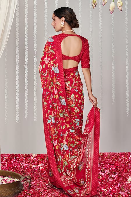 Blooming Threads Bagicha Floral Print Polka Dot Border Saree With Blouse 