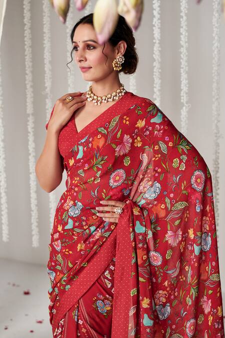 Blooming Threads_Red Georgette, Cotton, Bagicha Floral Print Polka Dot Border Saree With Blouse _Online_at_Aza_Fashions