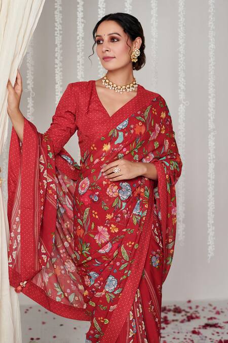 Buy_Blooming Threads_Red Georgette, Cotton, Bagicha Floral Print Polka Dot Border Saree With Blouse _Online_at_Aza_Fashions